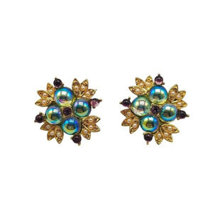Joan Rivers Floral Blue Green Purple Cabochon Floral Post Earrings HTF